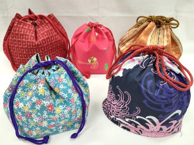 平和屋着物▼和装小物　和装バッグ　巾着まとめて５点　乱菊　楓文　鞠　十字絣　金襴　縮緬　綿　袴　浴衣　逸品　CABJ1574ju