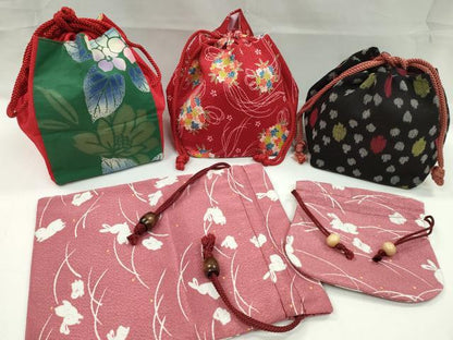 平和屋着物▼和装小物　和装バッグ　巾着まとめて５点　露芝兎文　紫陽花　縮緬　紬地　浴衣　未使用あり　逸品　CABJ1575ju