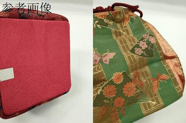 平和屋着物▼和装小物　和装バッグ　巾着まとめて５点　加賀友禅　梅菊　扇花蝶文　縮緬　綿　金彩　浴衣　袴　未使用あり　逸品CABJ1578ju