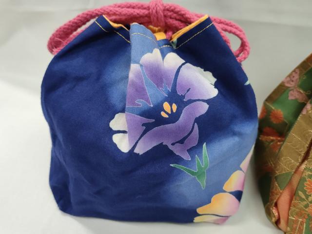 平和屋着物▼和装小物　和装バッグ　巾着まとめて５点　加賀友禅　梅菊　扇花蝶文　縮緬　綿　金彩　浴衣　袴　未使用あり　逸品CABJ1578ju