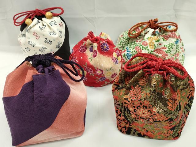 平和屋着物▼和装小物　和装バッグ　巾着まとめて５点　草花文　カニ　縮緬　金糸　浴衣　袴　逸品　CABJ1579ju
