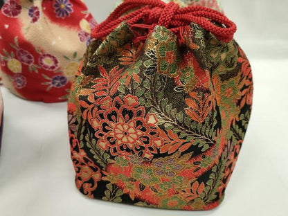 平和屋着物▼和装小物　和装バッグ　巾着まとめて５点　草花文　カニ　縮緬　金糸　浴衣　袴　逸品　CABJ1579ju