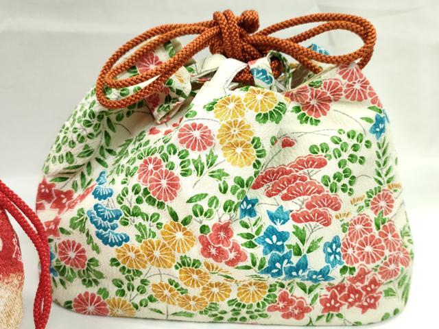 平和屋着物▼和装小物　和装バッグ　巾着まとめて５点　草花文　カニ　縮緬　金糸　浴衣　袴　逸品　CABJ1579ju