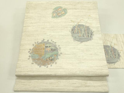 平和屋着物＊夏物　九寸名古屋帯　草花風景文　麻　逸品　CABJ1631rv
