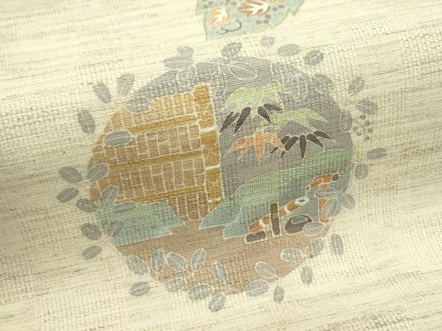 平和屋着物＊夏物　九寸名古屋帯　草花風景文　麻　逸品　CABJ1631rv