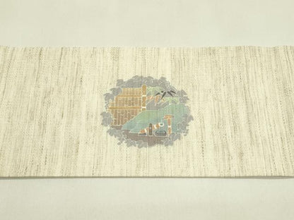 平和屋着物＊夏物　九寸名古屋帯　草花風景文　麻　逸品　CABJ1631rv
