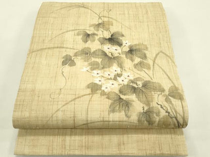 平和屋着物＊夏物　九寸開き名古屋帯　手描き　草花文　麻　逸品　CABJ1633rv