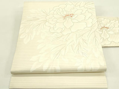 平和屋着物＊夏物　絽塩瀬　九寸名古屋帯　刺繍　牡丹　金彩　正絹　逸品　未使用　CABJ1635rv