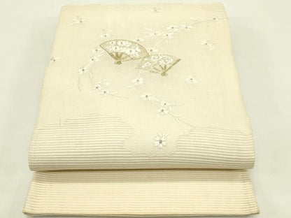 平和屋着物＊夏物　太鼓柄袋帯　総刺繍　絽綴れ　扇面草花文　金糸　正絹　逸品　CABJ1639rv