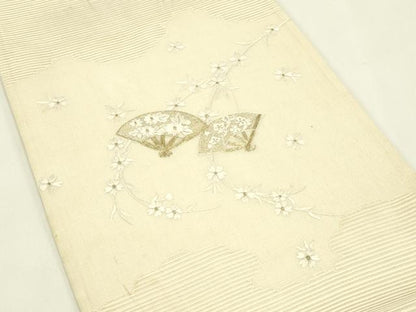 平和屋着物＊夏物　太鼓柄袋帯　総刺繍　絽綴れ　扇面草花文　金糸　正絹　逸品　CABJ1639rv
