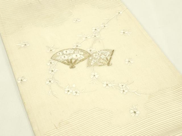 平和屋着物＊夏物　太鼓柄袋帯　総刺繍　絽綴れ　扇面草花文　金糸　正絹　逸品　CABJ1639rv