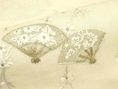 平和屋着物＊夏物　太鼓柄袋帯　総刺繍　絽綴れ　扇面草花文　金糸　正絹　逸品　CABJ1639rv