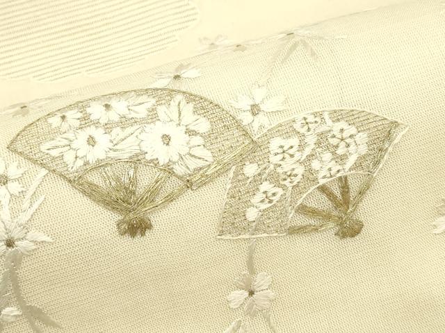 平和屋着物＊夏物　太鼓柄袋帯　総刺繍　絽綴れ　扇面草花文　金糸　正絹　逸品　CABJ1639rv