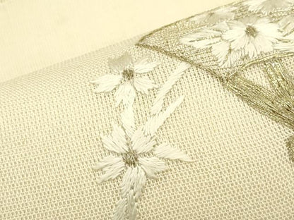 平和屋着物＊夏物　太鼓柄袋帯　総刺繍　絽綴れ　扇面草花文　金糸　正絹　逸品　CABJ1639rv