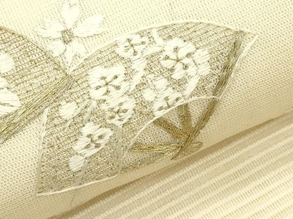 平和屋着物＊夏物　太鼓柄袋帯　総刺繍　絽綴れ　扇面草花文　金糸　正絹　逸品　CABJ1639rv