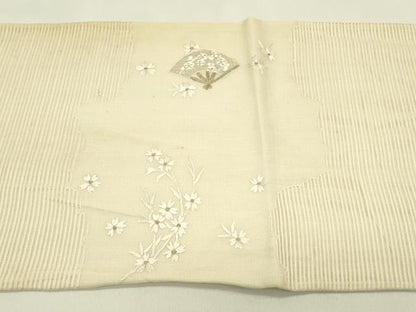 平和屋着物＊夏物　太鼓柄袋帯　総刺繍　絽綴れ　扇面草花文　金糸　正絹　逸品　CABJ1639rv