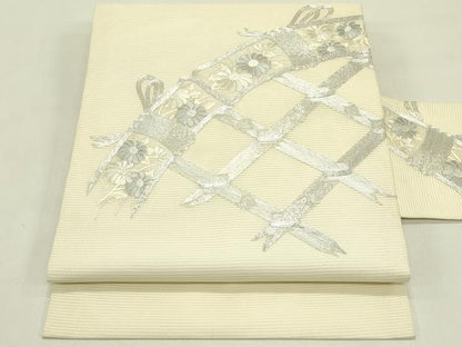 平和屋着物＊夏物　九寸名古屋帯　総刺繍　駒刺繍　籬菊文　銀糸　正絹　逸品　CABJ1641rv