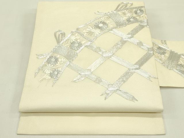平和屋着物＊夏物　九寸名古屋帯　総刺繍　駒刺繍　籬菊文　銀糸　正絹　逸品　CABJ1641rv