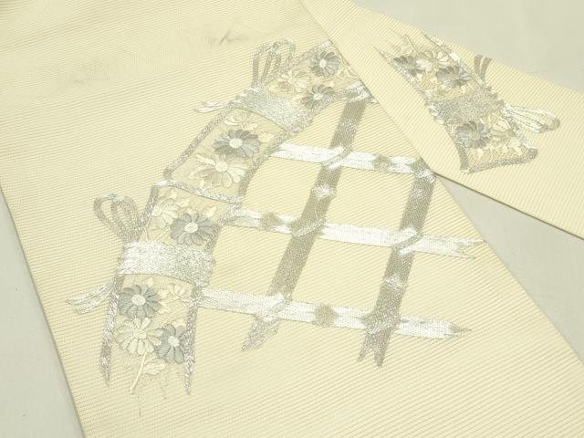 平和屋着物＊夏物　九寸名古屋帯　総刺繍　駒刺繍　籬菊文　銀糸　正絹　逸品　CABJ1641rv