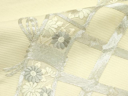 平和屋着物＊夏物　九寸名古屋帯　総刺繍　駒刺繍　籬菊文　銀糸　正絹　逸品　CABJ1641rv