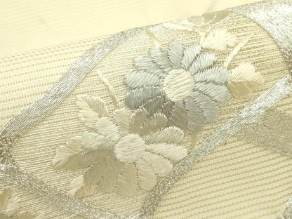 平和屋着物＊夏物　九寸名古屋帯　総刺繍　駒刺繍　籬菊文　銀糸　正絹　逸品　CABJ1641rv