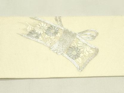 平和屋着物＊夏物　九寸名古屋帯　総刺繍　駒刺繍　籬菊文　銀糸　正絹　逸品　CABJ1641rv