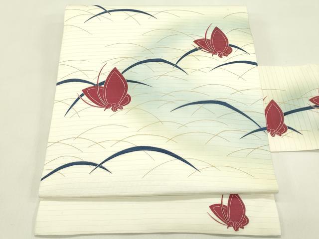 平和屋着物＊夏物　絽塩瀬　九寸名古屋帯　芝草舞蝶文　金彩　正絹　逸品　CABJ1647rv