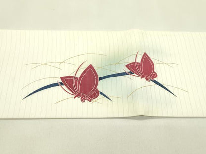 平和屋着物＊夏物　絽塩瀬　九寸名古屋帯　芝草舞蝶文　金彩　正絹　逸品　CABJ1647rv