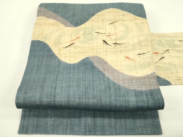 平和屋着物＊夏物　染色作家　桐山紫香　手描き　九寸名古屋帯　鯉　麻　逸品　CABJ1649rv