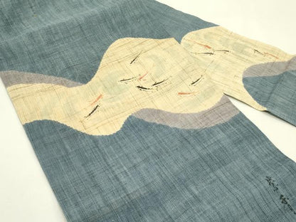 平和屋着物＊夏物　染色作家　桐山紫香　手描き　九寸名古屋帯　鯉　麻　逸品　CABJ1649rv