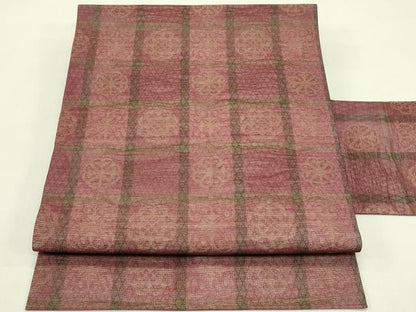 平和屋着物＊夏物　九寸名古屋帯　格子花文　金糸　正絹　逸品　未使用　CABJ1672rv