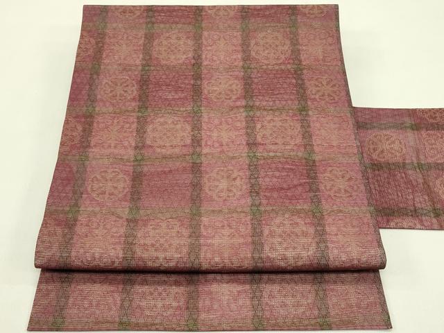 平和屋着物＊夏物　九寸名古屋帯　格子花文　金糸　正絹　逸品　未使用　CABJ1672rv