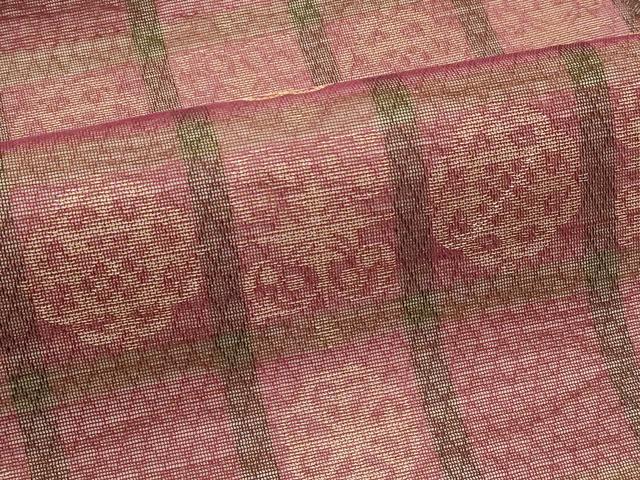 平和屋着物＊夏物　九寸名古屋帯　格子花文　金糸　正絹　逸品　未使用　CABJ1672rv