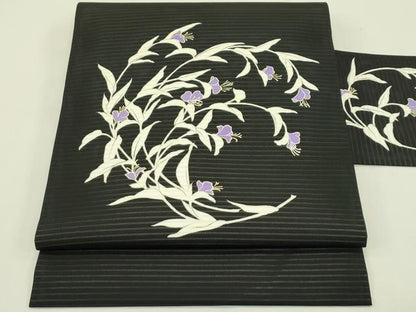 平和屋着物＊夏物　絽塩瀬　九寸名古屋帯　草花文　黒地　金彩　正絹　逸品　CABJ1675rv