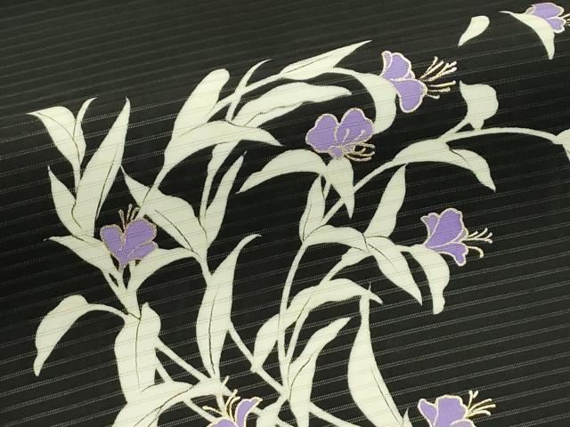 平和屋着物＊夏物　絽塩瀬　九寸名古屋帯　草花文　黒地　金彩　正絹　逸品　CABJ1675rv