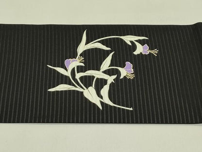 平和屋着物＊夏物　絽塩瀬　九寸名古屋帯　草花文　黒地　金彩　正絹　逸品　CABJ1675rv