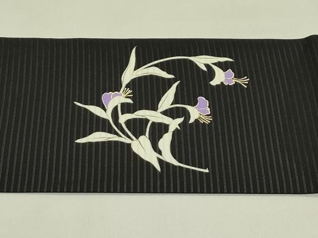 平和屋着物＊夏物　絽塩瀬　九寸名古屋帯　草花文　黒地　金彩　正絹　逸品　CABJ1675rv