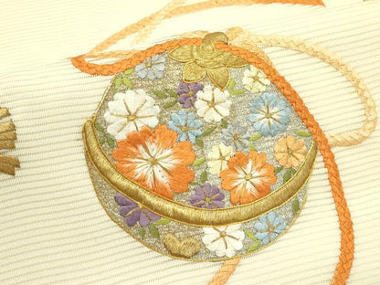 平和屋着物＊夏物　九寸名古屋帯　総刺繍　駒刺繍　鈴　金糸　正絹　逸品　CABJ1678rv
