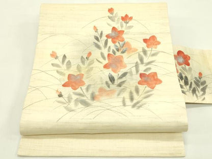 平和屋着物＊夏物　九寸名古屋帯　手描き　桔梗　銀彩　麻　逸品　CABJ1679rv