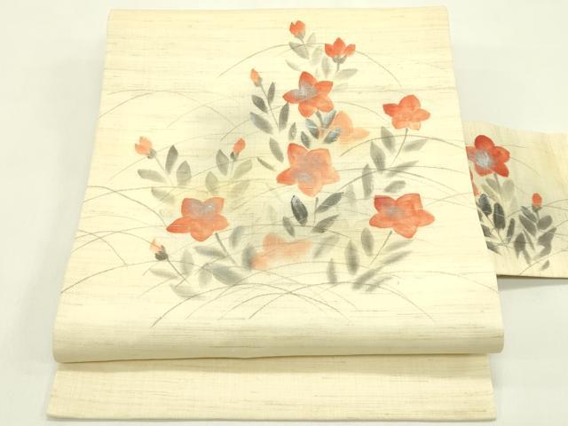 平和屋着物＊夏物　九寸名古屋帯　手描き　桔梗　銀彩　麻　逸品　CABJ1679rv