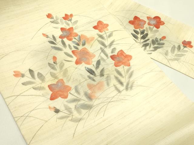 平和屋着物＊夏物　九寸名古屋帯　手描き　桔梗　銀彩　麻　逸品　CABJ1679rv