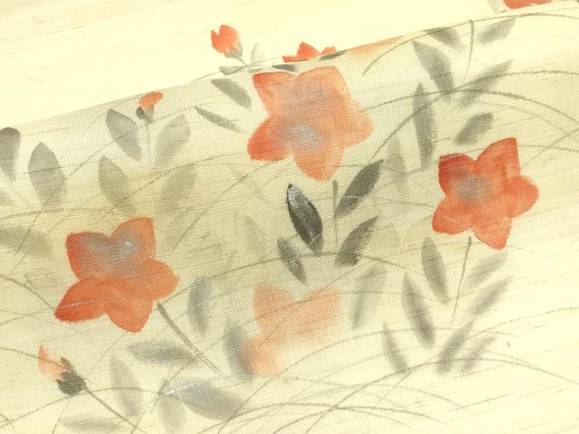 平和屋着物＊夏物　九寸名古屋帯　手描き　桔梗　銀彩　麻　逸品　CABJ1679rv