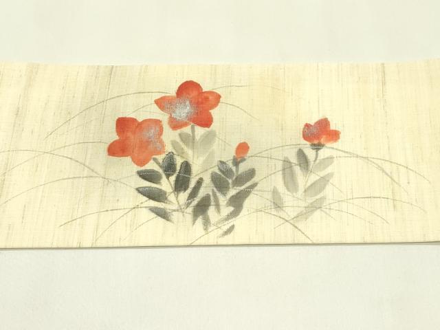 平和屋着物＊夏物　九寸名古屋帯　手描き　桔梗　銀彩　麻　逸品　CABJ1679rv
