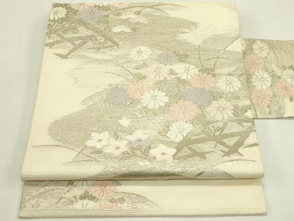 平和屋着物＊夏物　九寸名古屋帯　秋草文　銀糸　正絹　逸品　CABJ1691rv