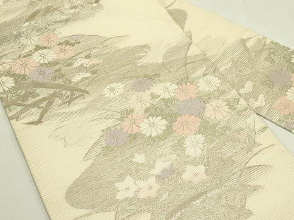 平和屋着物＊夏物　九寸名古屋帯　秋草文　銀糸　正絹　逸品　CABJ1691rv