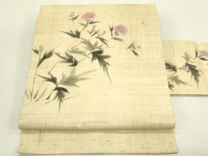 平和屋着物＊夏物　九寸名古屋帯　手描き　アザミ　麻　逸品　CABJ1698rv