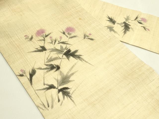 平和屋着物＊夏物　九寸名古屋帯　手描き　アザミ　麻　逸品　CABJ1698rv