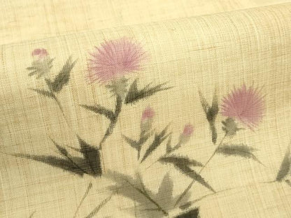 平和屋着物＊夏物　九寸名古屋帯　手描き　アザミ　麻　逸品　CABJ1698rv