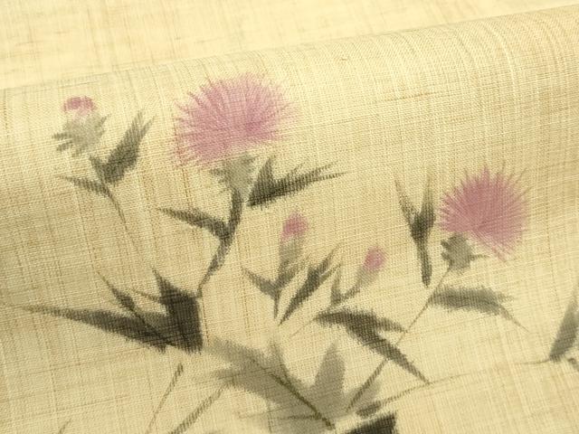 平和屋着物＊夏物　九寸名古屋帯　手描き　アザミ　麻　逸品　CABJ1698rv