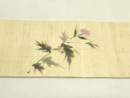 平和屋着物＊夏物　九寸名古屋帯　手描き　アザミ　麻　逸品　CABJ1698rv